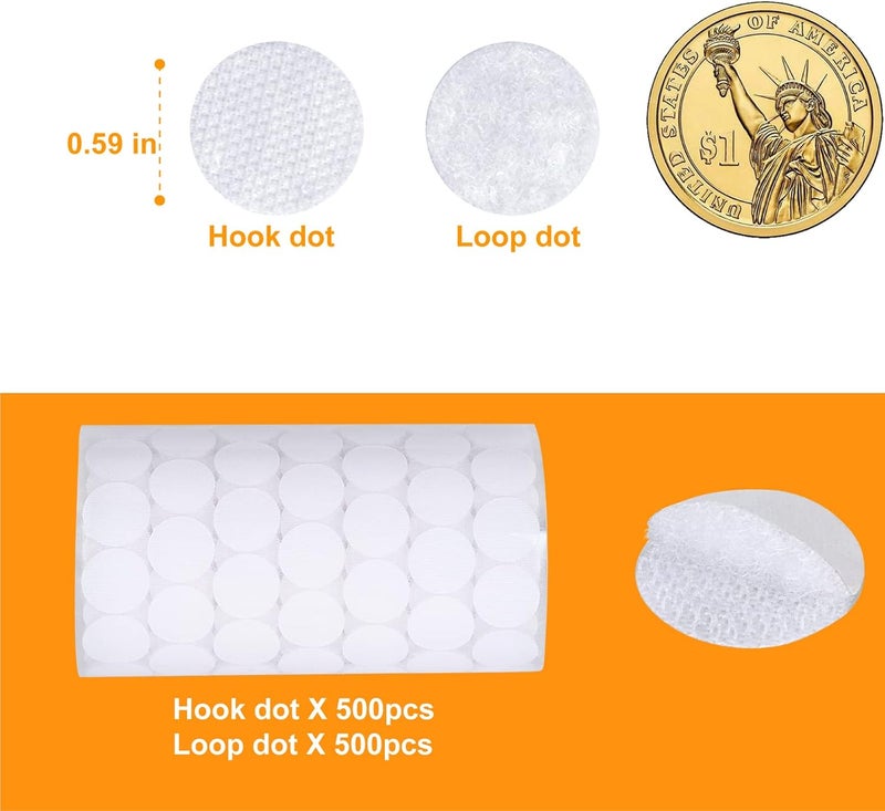 JEVONI Self Adhesive Dots - 0.59" Diameter Waterproof Sticky Back Hook Dot Loop Dot for School, Office, Home, Mounting Arts & Crafts (1000, White-0.59') - Image 3